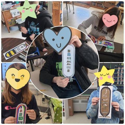 Some of Sarah Elgammal's students with Egyptian cartouches they made.