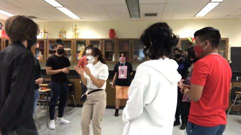 Students are practicing the tongue twister.