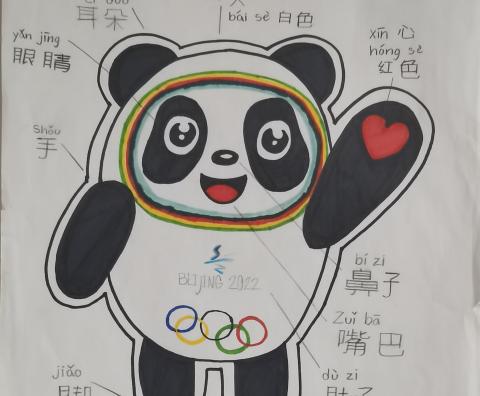 Students draw their own Bing Dwen Dwen, the mascot of the Beijing 2022 Winter Olympic Games, and label its body parts. show its body parts.