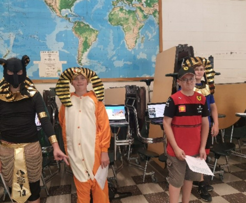 Ms. Elgammal’s students in costumes for their Egyptian wax museum event.