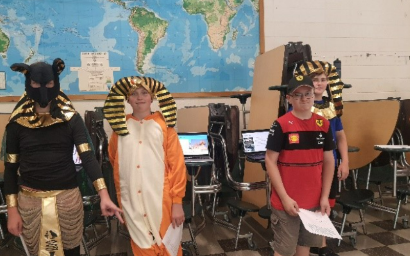 Ms. Elgammal’s students in costumes for their Egyptian wax museum event.